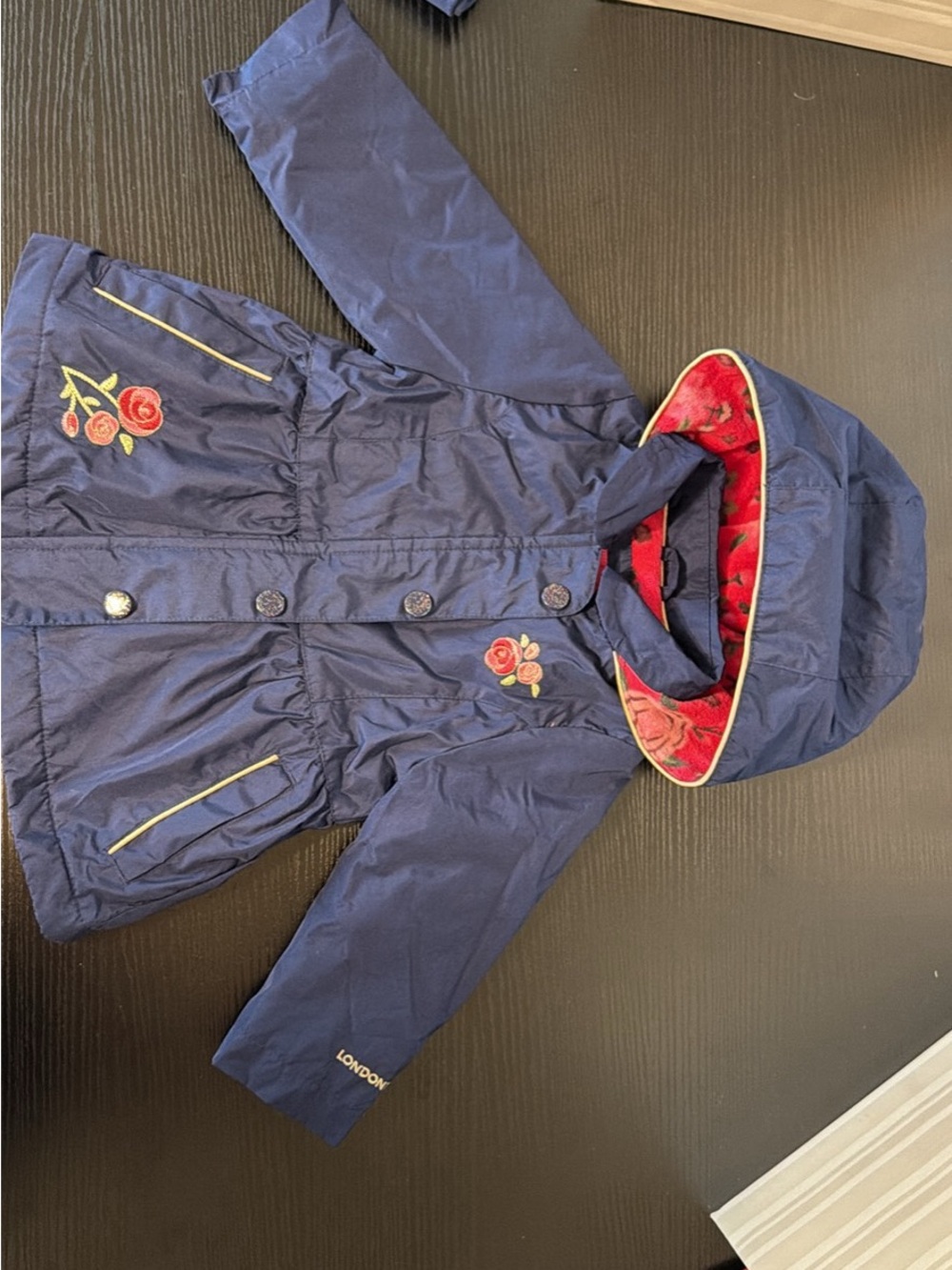 London Fog Navy Hooded Raincoat with Rose Embroidery and Red Lining